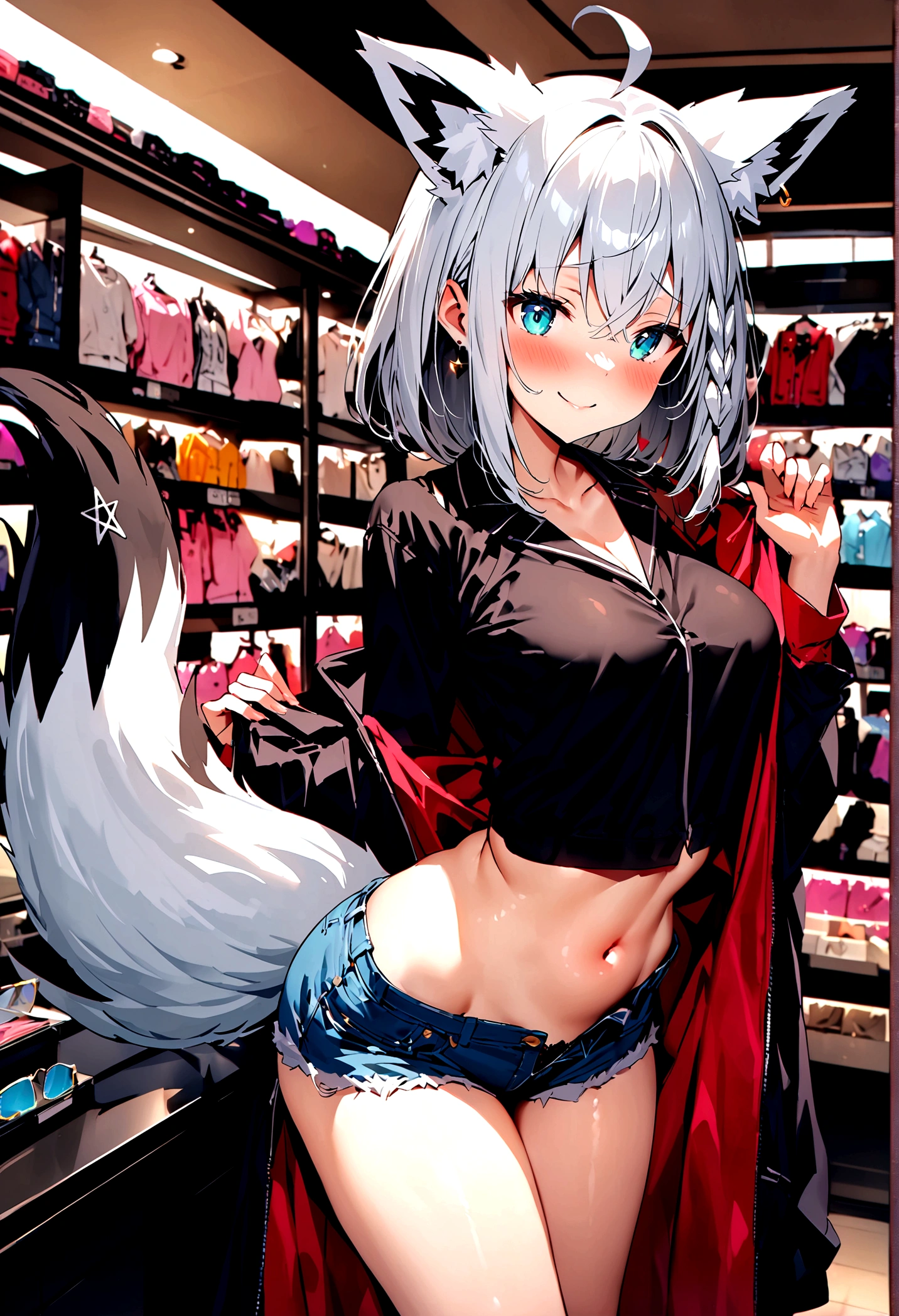 NSFW,masterpiece,Highest quality,High resolution,Super detailed,Shirakami Fubuki\(Hololive\),Gray Hair、One-sided braid、Ahoge、Earrings,Fox ears,Fox tail,Jacket,Crop top shirt,Low Rise Denim Hot Pants,Embarrassed,blush,Expecting face,Bewitching Smile,Sexy smile,(Lingerie Shop),(Underwear section),High-end store,Cute pose,Date,(Seduce)