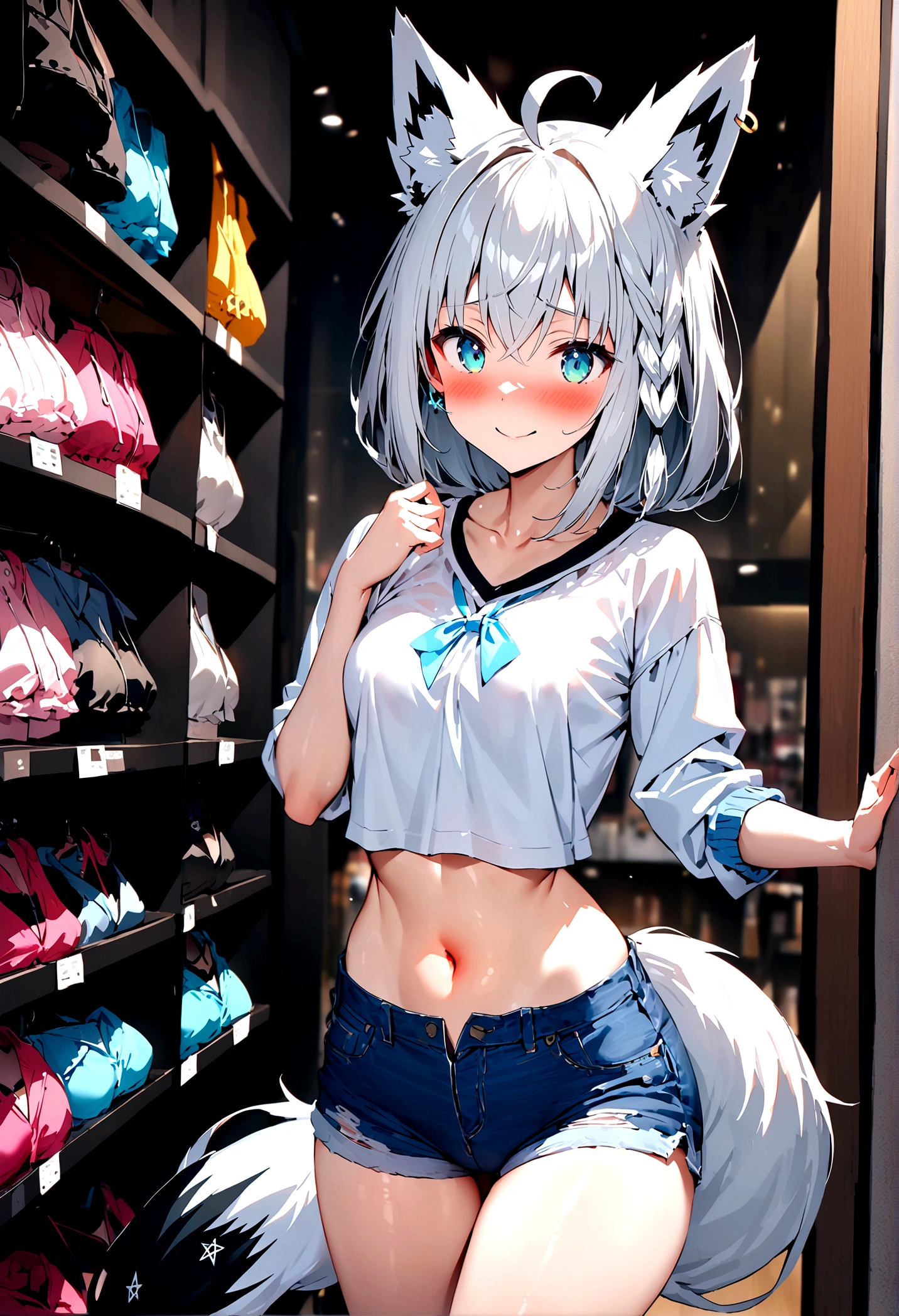 NSFW,masterpiece,Highest quality,High resolution,Super detailed,Shirakami Fubuki\(Hololive\),Gray Hair、One-sided braid、Ahoge、Earrings,Fox ears,Fox tail,Jacket,Crop top shirt,Low-rise denim shorts,Embarrassed,blush,Expecting face,Bewitching Smile,Sexy smile,(Adult Shop),(Underwear section),High-end store,Cute pose,Date,(Seduce)