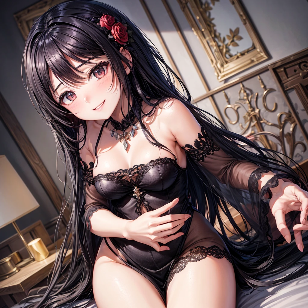Une jeune femme,asiatiques, cheveux long,cheveux noir, grands yeux bridée, montre ses seins (tors nue,seins nue,teton rose,teton charnue),au spectateur en tirant la langues, grands sourire,sourire radieux,dans une chambre,faiblement eclairer,4k,hd,unreal engine 5.