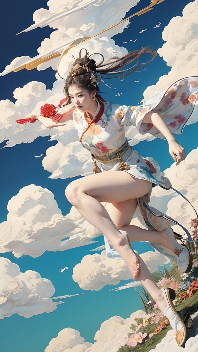(masterpiece, Top quality, best quality, Official Art, beauty:1.2),(最詳細清晰的contour和五官:2.0,contour:2.0) (1 Chinese Goddess:1.5), Very detailed,(Dunhuang艺术:1.1),(Dunhuang,rich and colorful:1.1)(Flowers:1.3),Most detailed,(tangled:1.2), (Dynamic flight attitude,Foot on the white clouds,Show your thighs:2.0), (Blue sky, White clouds and bright moon background:1.3), (Chinese embroidered Hanfu:1.2), (Glowing skin,Camel toe:1.2), (Many colors:1.4), ,(earrings:1.4),