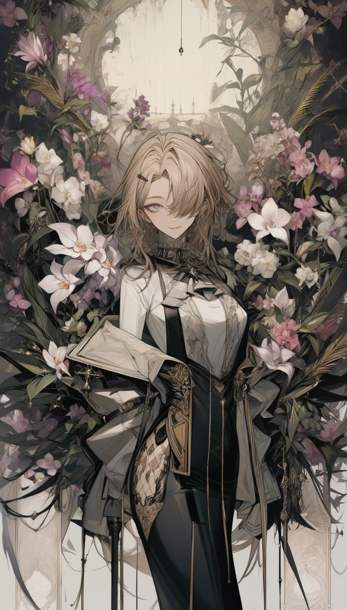 in style of Santiago Caruso，1 girl,orchid blooms cover the left eye