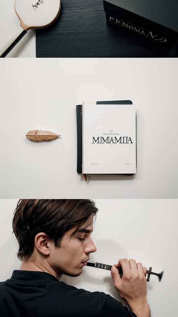 A minimal, modern, simple, cinematic logotype for the brand “Penamemoria". The logotype must be a simple, magical feather and a boy playing acoustic guitar. The logo must convey a sense of music, stories and dreams. Logo design impressed on a book cover. Minimalistic logo