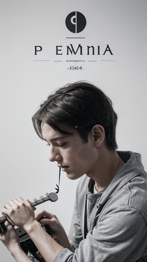 A minimal, modern, simple, cinematic logotype for the brand “Penamemoria". The logotype must be a simple, magical feather and a boy playing acoustic guitar. The logo must convey a sense of music, stories and dreams. Logo design impressed on a book cover. Minimalistic logo