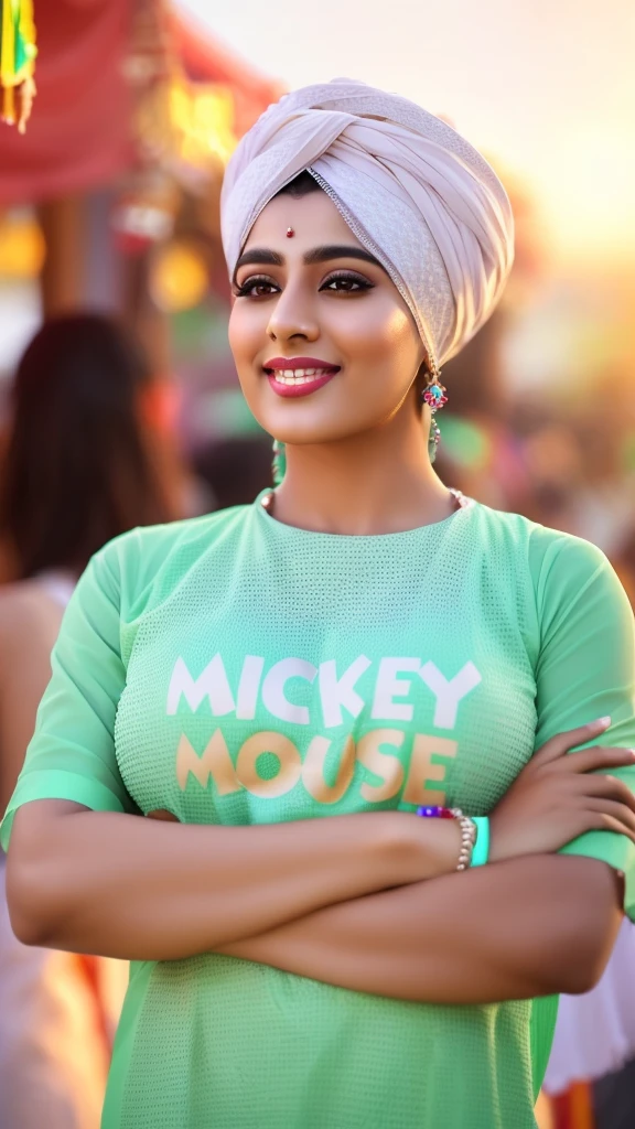 full body shot of smiling pakistani beauty in a summer festival, (extremely detailed CG unity 8k wallpapece incredibly detailed, lips, realistic, solo,medium breasts,skin tight, puffy nipples, facial, masterpiece,best quality, Intricate, High Detail, dramatic,