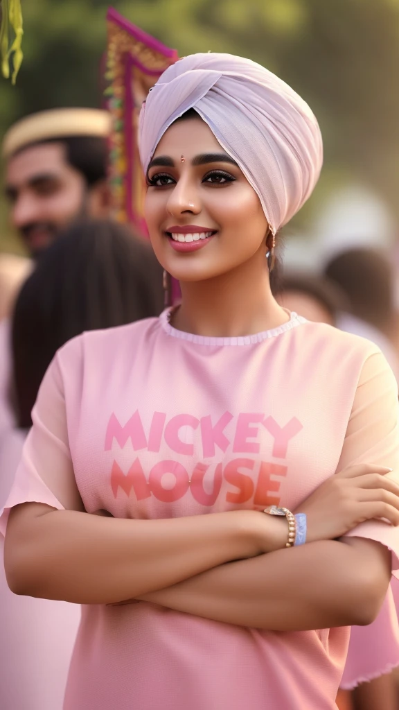 full body shot of smiling pakistani beauty in a summer festival, (extremely detailed CG unity 8k wallpapece incredibly detailed, lips, realistic, solo,medium breasts,skin tight, puffy nipples, facial, masterpiece,best quality, Intricate, High Detail, dramatic,