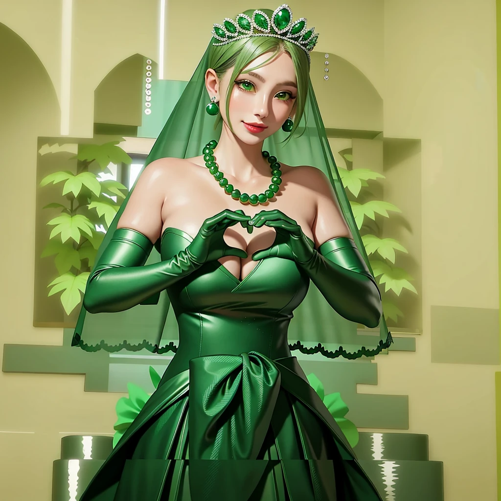 Emerald tiara, Green Pearl Necklace, ボーイッシュな非常に短いGreen Hair, Green Lips, Smiling Japanese woman, Very short hair, Busty beautiful lady, Green Eyes, Green satin long gloves, Green Eyes, Emerald Earrings, Green veil, Heart with both hands, Green Hair, Beautiful Japanese Women, Heart shaped hands:1.3, green lip gloss