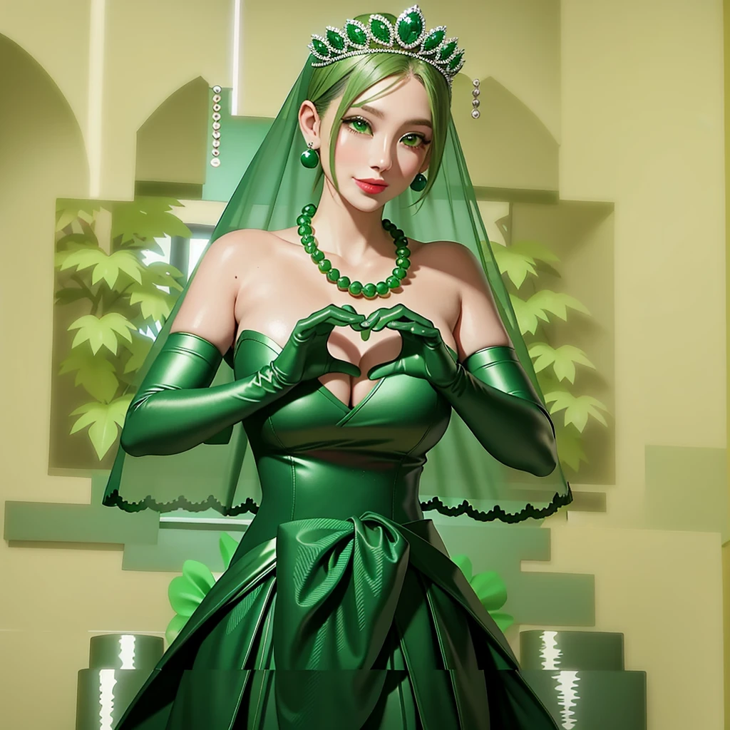 Emerald tiara, Green Pearl Necklace, ボーイッシュな非常に短いGreen Hair, Green Lips, Smiling Japanese woman, Very short hair, Busty beautiful lady, Green Eyes, Green satin long gloves, Green Eyes, Emerald Earrings, Green veil, Heart with both hands, Green Hair, Beautiful Japanese Women, Heart shaped hands:1.3, green lip gloss