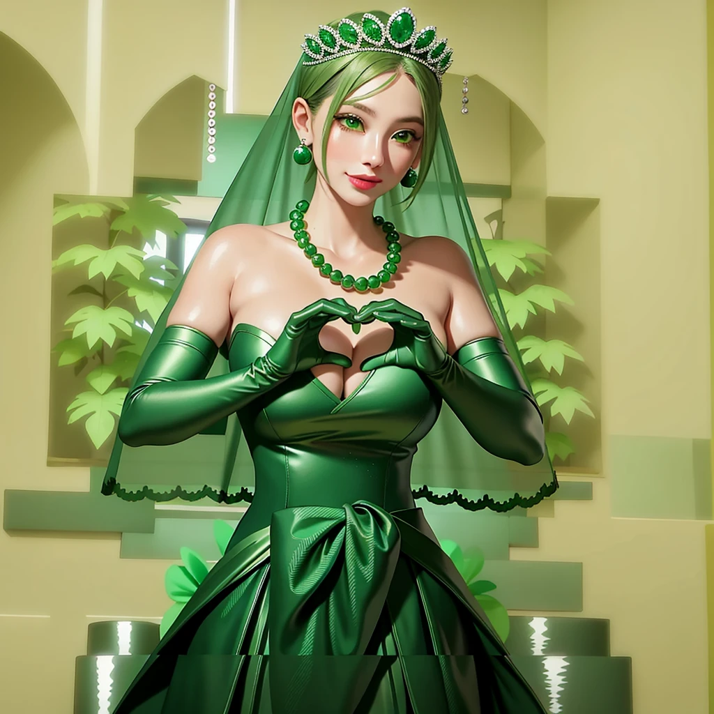 Emerald tiara, Green Pearl Necklace, ボーイッシュな非常に短いGreen Hair, Green Lips, Smiling Japanese woman, Very short hair, Busty beautiful lady, Green Eyes, Green satin long gloves, Green Eyes, Emerald Earrings, Green veil, Heart with both hands, Green Hair, Beautiful Japanese Women, Heart shaped hands:1.3, green lip gloss