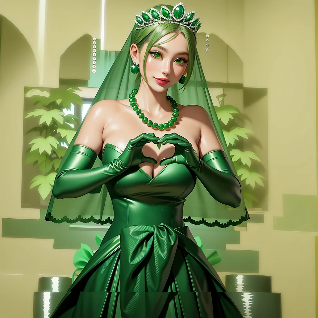 Emerald tiara, Green Pearl Necklace, ボーイッシュな非常に短いGreen Hair, Green Lips, Smiling Japanese woman, Very short hair, Busty beautiful lady, Green Eyes, Green satin long gloves, Green Eyes, Emerald Earrings, Green veil, Heart with both hands, Green Hair, Beautiful Japanese Women, Heart shaped hands:1.3, green lip gloss