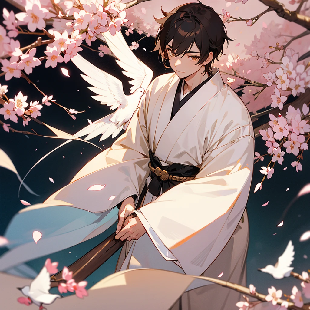 Naginata, short brown hair, young man, golden eyes, narrow eyes, white dove, cherry blossom petals, white on top, black on bottom kimono, cheeky smile