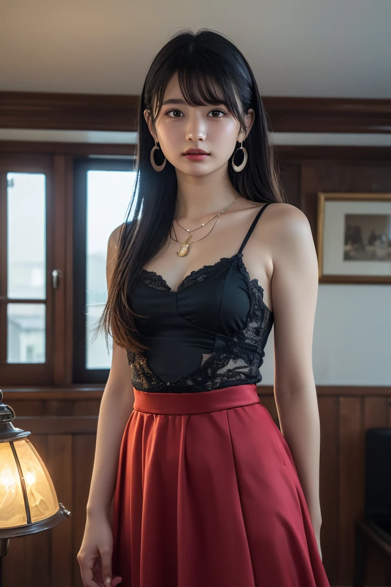 (Highest quality:1.4),(masterpiece:1.4),(Realistic:1.4),(Realistic:1.2),(超High resolution, RAW Photos:1.4),(High resolution, Ultra-detailed:1.2),(8K:1.2),View your viewers,Cinematic photography,One girl,skeletally correct,Black-haired woman,(Small earrings,necklace,A dress that fits perfectly to the body,See-through,Exposing shoulders,Long flared skirt,Beautiful body lines,View from the front),(Western-style building interior,Dimly lit room,The lamplight shines on my cheeks)
