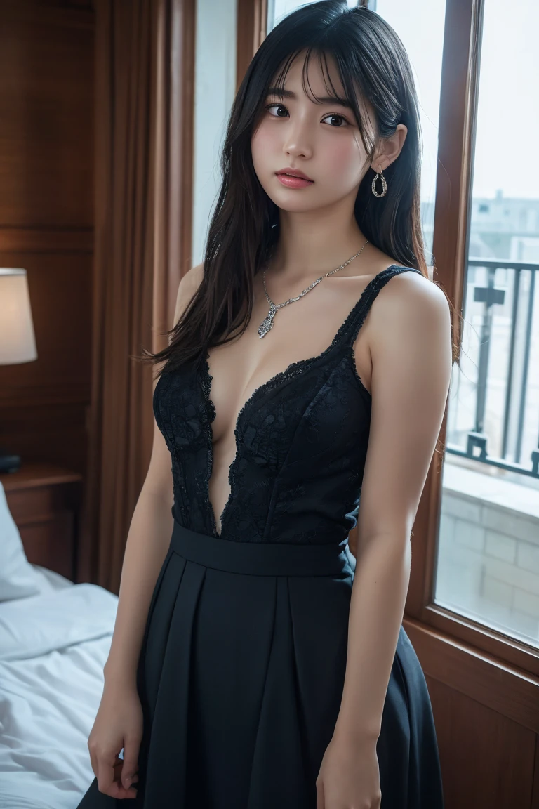 (Highest quality:1.4)，(masterpiece:1.4)，(Realistic:1.4)，(Realistic:1.2)，(超High resolution， RAW Photos:1.4)，(High resolution， Ultra-detailed:1.2)，(8K:1.2)，View your viewers，Cinematic photography，One girl，skeletally correct，Black-haired woman，(Small earrings，necklace，A dress that fits perfectly to the body，See-through，Exposing shoulders，Long flared skirt，Beautiful body lines，View from the front)，（Western-style building interior，Dimly lit room，The lamplight shines on my cheeks）