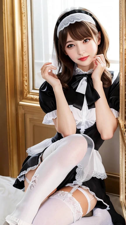 Non-NSFW、Realistic、Highest quality、Highest quality、masterpiece、Ultra-high resolution、RAW Photos、Realistic、Bright lighting、Face Light、Smooth Professional Lighting、Looking into the camera、alone、Adult female、Beautiful woman、Super Beauty、Realistic肌、Moisturized Skin、Realistic eyes and faces、Perfect model body shape、Beautiful Eyes、Big eyes、Inconspicuous tear bags、slim、(No bra), (Black French Maid Uniform:1.2), (white Stockings and Garter Set:1.4), (Headdress)、Beautiful fingers、Very short hair、Light brown hair、Iris、Looks happy,(Venus' Nipples:1.2), (No shirt:1.4), (Short frilled white salon apron:1.6),(Very short skirt:1.7),In the city, Small Ass, A konigsreuter、Sexy Random Poses,(from behind:1.6)