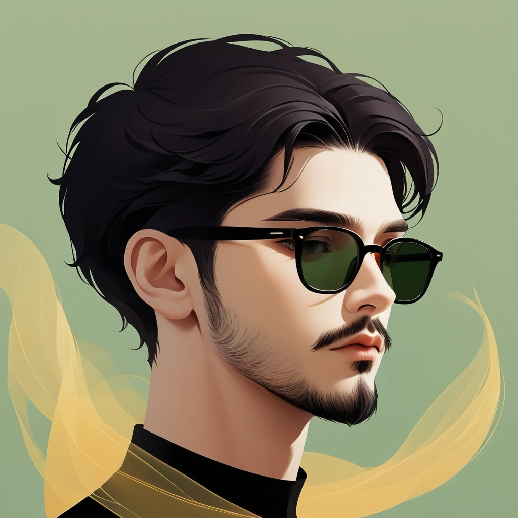 Vector,flat style,illustration,minimalist,digital art illustration,unique,black hair,portrait,It was,artistic conception,abstract,man, with stubble, short beard, short mustache, Beard scum, slightly curly hair, and black square plastic-framed glasses