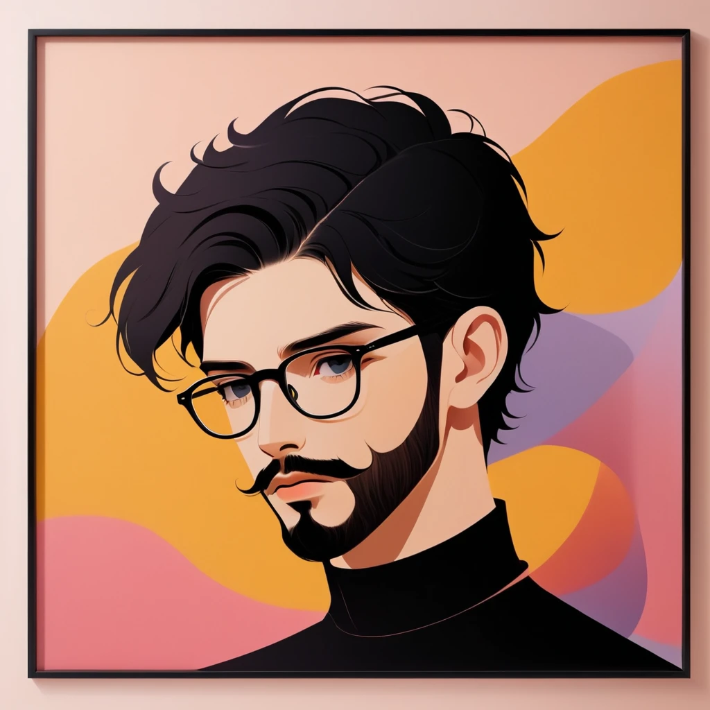 Vector,flat style,illustration,minimalist,digital art illustration,unique,black hair,portrait,It was,artistic conception,abstract,man, with stubble, short beard, short mustache, Beard scum, slightly curly hair, and black square plastic-framed glasses
