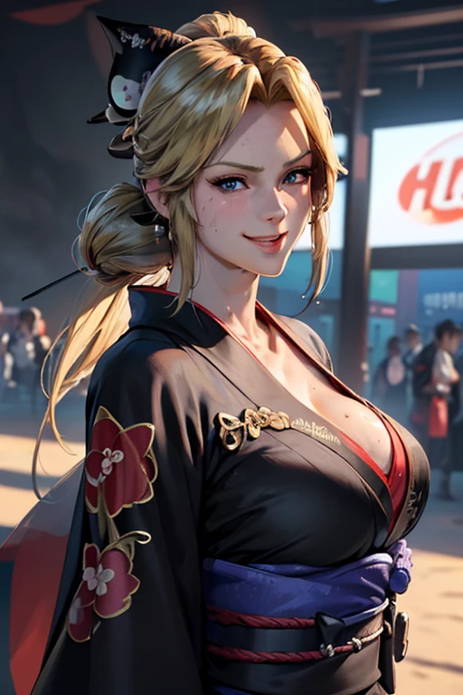 Masterpiece(woman,Huge , Very red lips highlighting huge breasts,Big Ass,Narrow waist,Long legs,Greenish blue eyes,Blonde ) 8K(Sweat flying:1.4 )8K(Heat rash:1.9 ) 8K(Gal:1.3) 8K(Staring at me:1.5) 8K(Anime Style,A floppy smile,What we are looking for,Face mischievous face,The facial expression is accurate:1.7) 8K(Anime Style,The facial expression is accurate) 8K(Wearing a black kimono:1.5) 8K(hairpin :1.3 ), 8K(Focus on the face:1.5)8K(Summer festival:1.5)