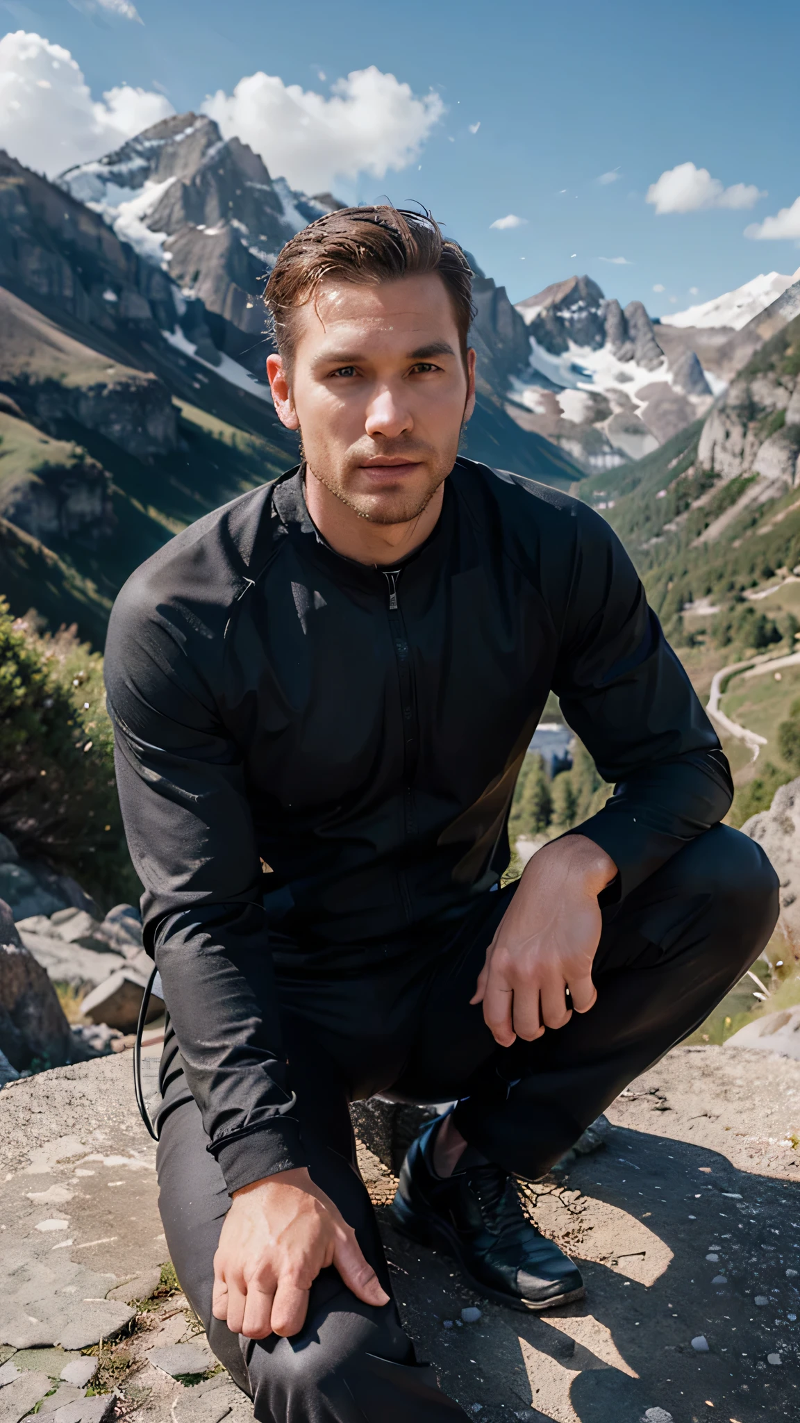 Generate me a realistic handsome goss businessman in portrait sitting on the mountain wearing climbing suit, There will be a mountain in the background