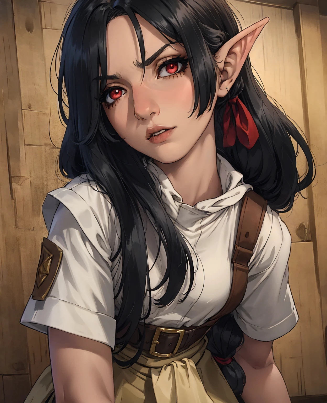 a kid young elf girl with black hair, red eyes, and elf ears, wearing clothes made of wheat, highly detailed, beautiful face, photorealistic, 8k, dramatic lighting, fantasy style, warm color tones