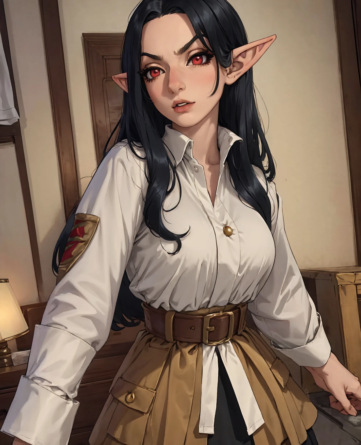 a kid young elf girl with black hair, red eyes, and elf ears, wearing clothes made of wheat, highly detailed, beautiful face, photorealistic, 8k, dramatic lighting, fantasy style, warm color tones