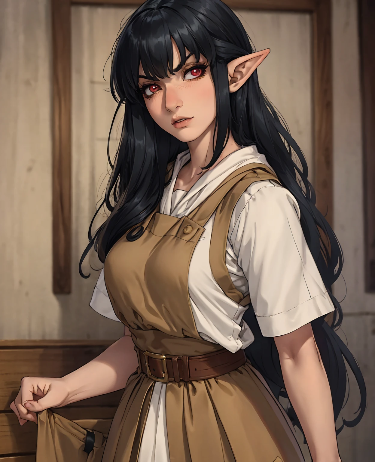 a kid young elf girl with black hair, red eyes, and elf ears, wearing clothes made of wheat, highly detailed, beautiful face, photorealistic, 8k, dramatic lighting, fantasy style, warm color tones
