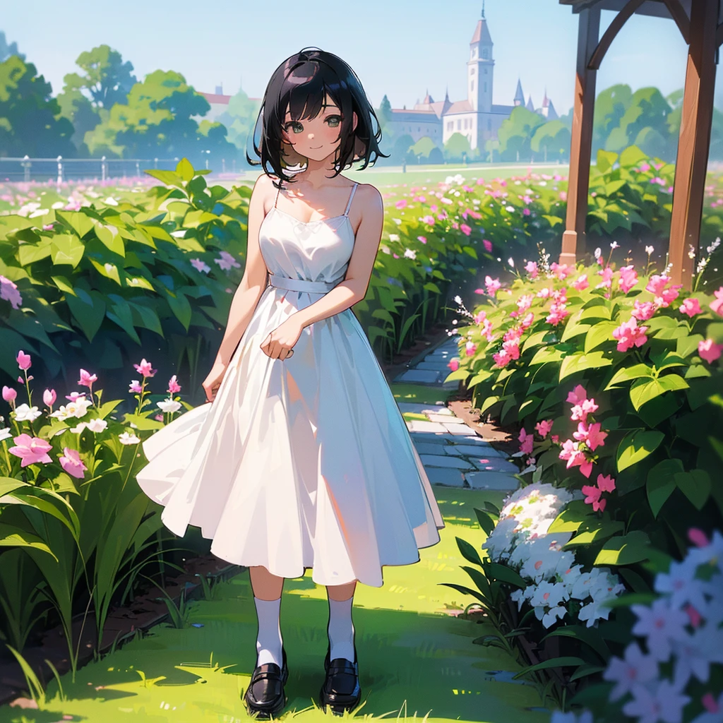 (high quality, High resolution, Very detailed, reality:1.37), Peaceful atmosphere, (Outdoor, garden), age girl standing alone, (my breasts are big.), Beautiful details, Cute Smile, (Black bob hair), White camisole dress, White socks, loafers.