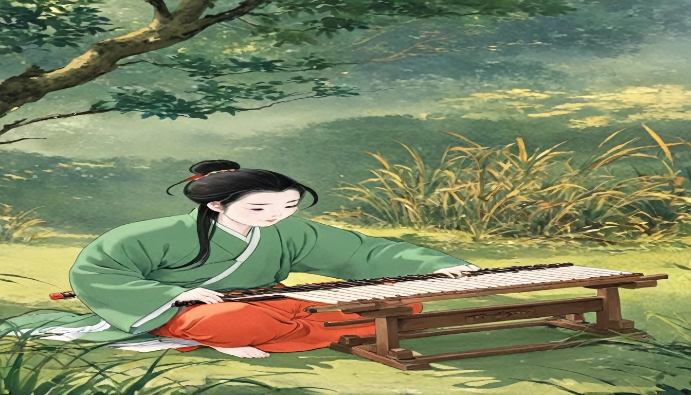 Cartoon illustration,The man sitting,Play the Chinese Guqin, cartoon still, cartoon, Inspired by Wu Daozi, Animation Scene, inspired by Ding Guanpeng, inspired by Cao Zhibai, Beautiful images, Chiba Yudai, by Qu Leilei, Cartoon illustration, Inspired by Zhao Yuan