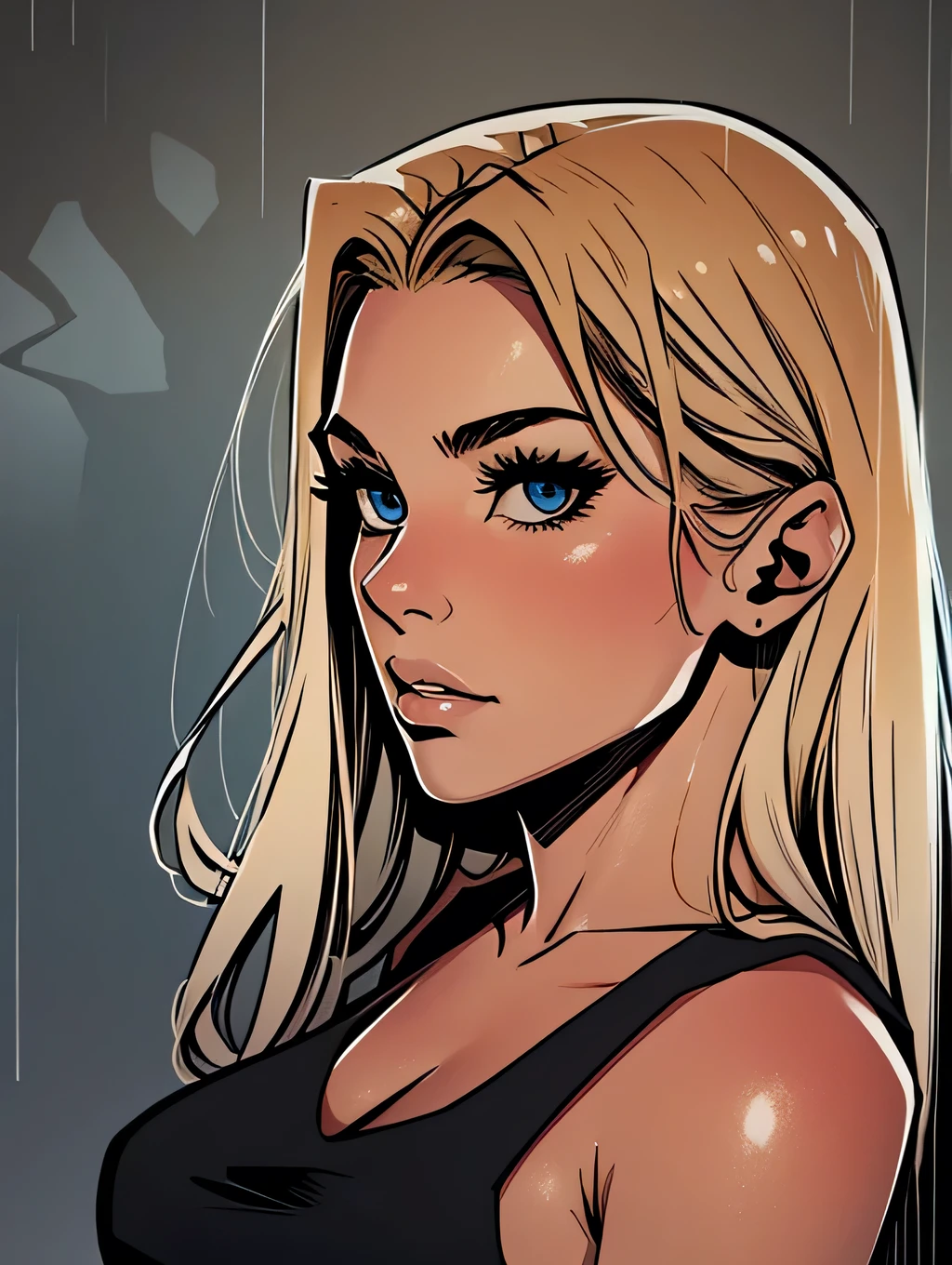 (Noir Comics-style illustration:1.2),(St. Petersburg:1.1), black and white, high contrast, gritty, gloomy, raining, 
Flat colors,close-up, portrait,  of a 25 year old surfer looking girl, tan skin, ([blue eyes]) Beach blonde salty hair, natural beaty, beautiful, casual, blue tank top, masterpiece, (([Simple grey background]))
