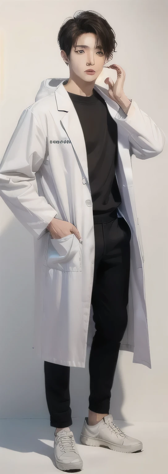 (Fair skin),(know),Iris,(gender: Natural Face),(Japanese),long body,handsome young asian man, Japanese idol style, short clean-cut hair, ((center part)), white lab coat, black hoodie underneath, calm confident expression, hands in lab coat pockets, plain white background, portrait, high quality, detailed, 8K