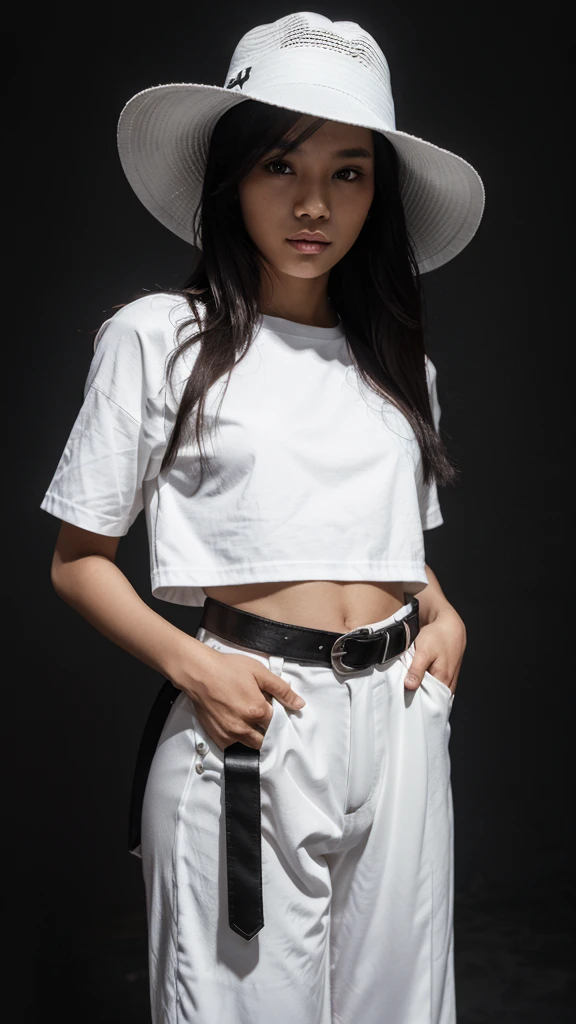 A young Indonesian woman, 25 years old, stands in front of a dark background, wearing a white hat with a wide brim, a black t-shirt with white text and graphics, white pants, and a black belt.  the woman is posing with her hand near her face, the brim of the hat.  The overall aesthetic is stylish and monochrome with a focus on fashion.  photography, realistic, 3d, hd, detailed.