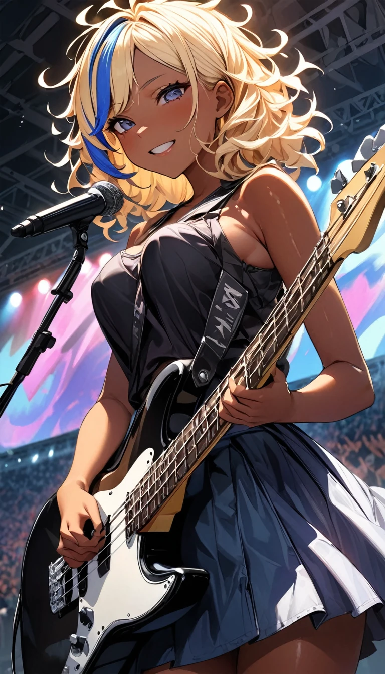 (highest quality:1.2, Very detailed, up to date, Vibrant, Ultra-high resolution, High Contrast, masterpiece:1.2, highest quality, Best aesthetics), Portraiture、girl、slim, stage、performance、Rock Music、Bright colors、Beautiful fine details、Beautiful lip detail、extra short hair, ((messy hair:1.5))、wavy hair, blonde and blue ((streaked hair:1.5)), highlights hair: 1.3, middium breast, (tan skin:1.3), Music band、Cheerful pose、Concert Light、Edgy Style、black tank top、Dynamic Movement、hypnotic sounds、Stadium、amplifier、Loud music、Electric bass、playing bass hard, Fender bass, mike stand, Powerful vocals、Passionate performance、Sparkling stage、Concert atmosphere、Music Festival、Full of emotion、Rock star attitude、Resolute expression、Avid Fan、The presence of an attractive stage、 Expressive gestures、Rock star aura、An exciting atmosphere、Sing with all your heart、An unforgettable show。cowboy shot