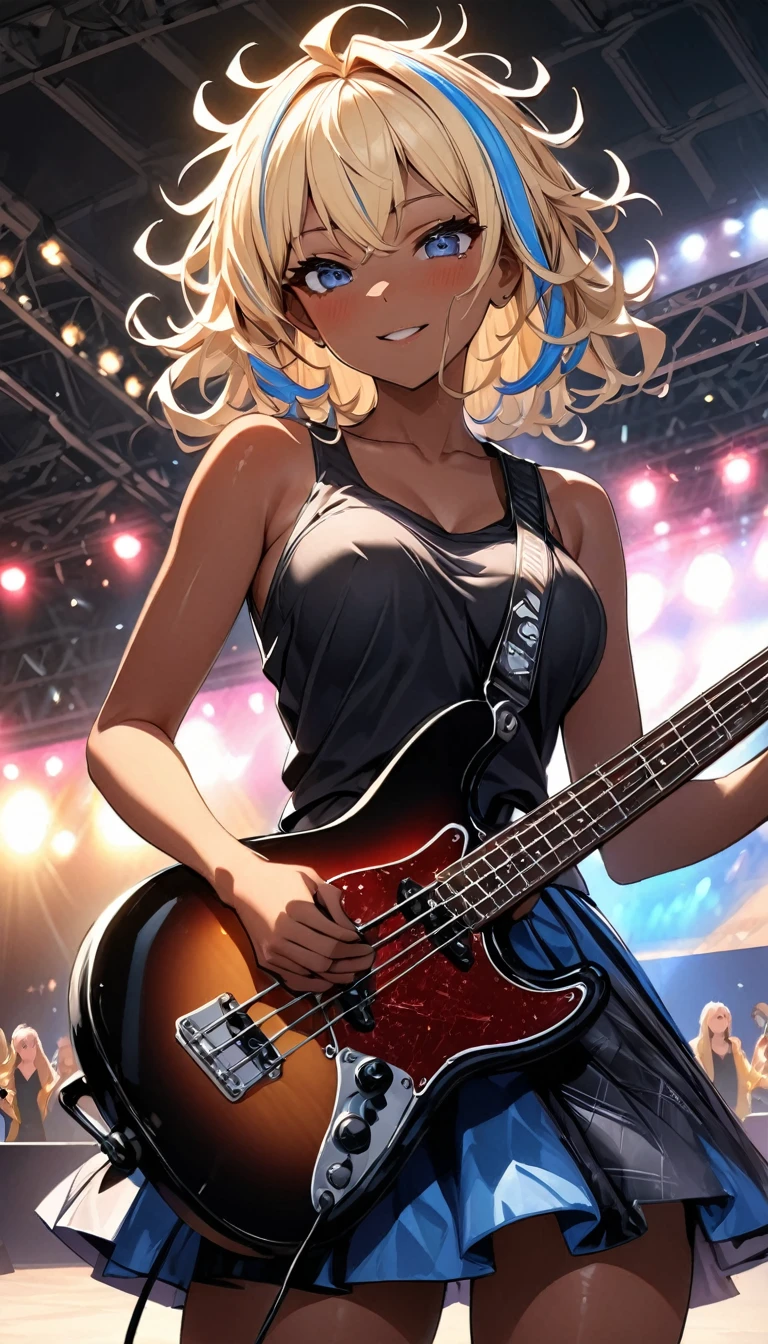 (highest quality:1.2, Very detailed, up to date, Vibrant, Ultra-high resolution, High Contrast, masterpiece:1.2, highest quality, Best aesthetics), Portraiture、girl、slim, stage、performance、Rock Music、Bright colors、Beautiful fine details、Beautiful lip detail、very short hair, ((bob cut:1.5))、blonde and blue ((streaked hair:1.5)), highlights hair: 1.3, middium breast, (tan skin:1.3), Music band、Cheerful pose、Concert Light、Edgy Style、Tank top、Dynamic Movement、hypnotic sounds、Stadium、amplifier、Loud music、Electric bass、playing bass hard, Fender bass, mike stand, Powerful vocals、Passionate performance、Sparkling stage、Concert atmosphere、Music Festival、Full of emotion、Rock star attitude、Resolute expression、Avid Fan、The presence of an attractive stage、 Expressive gestures、Rock star aura、An exciting atmosphere、Sing with all your heart、An unforgettable show。cowboy shot