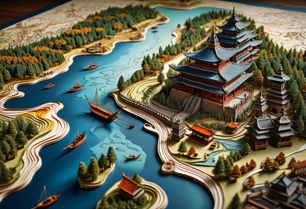 a highly detailed ancient map, intricately crafted paper quilling art, delicate paper cut illustrations, stunning paper artwork, 8k resolution, masterpiece, ultra-detailed, realistic, photorealistic, physically-based rendering, vivid colors, dramatic lighting
