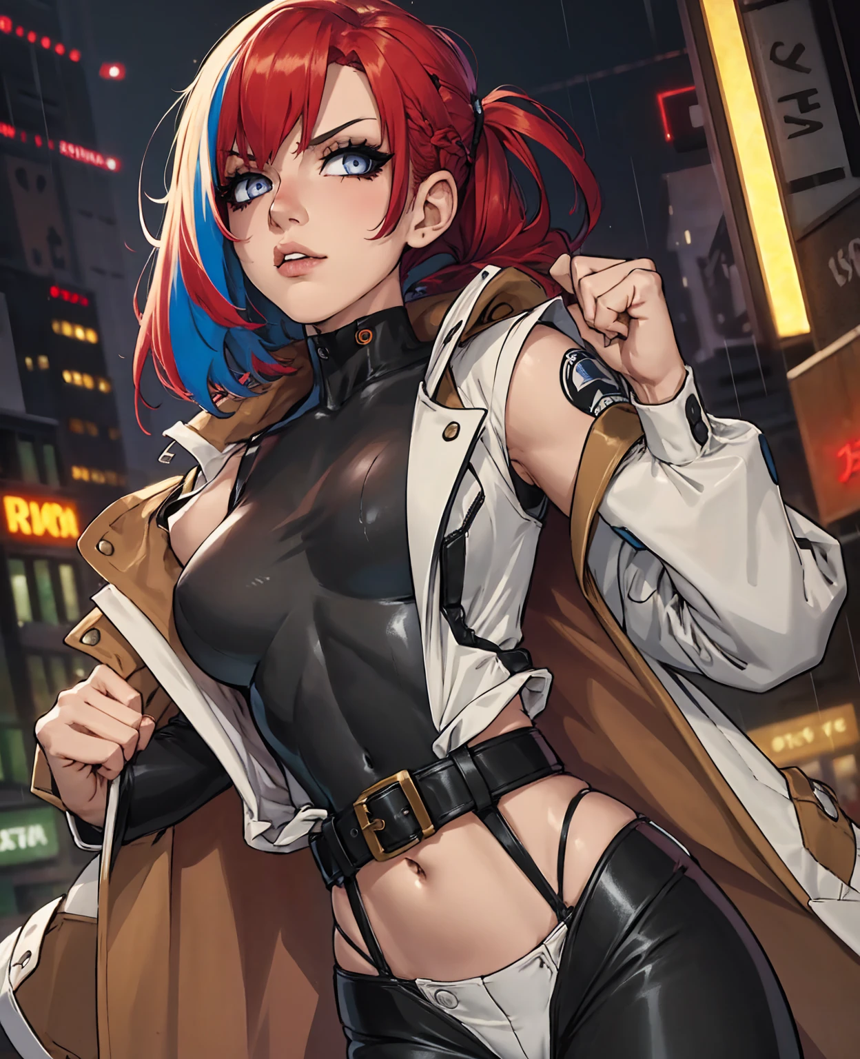 portrait, 1 girl, beautiful face, asymmetrical hair, multi-colored hair, belt, bodysuit, covered mouth, covered navel, detached sleeves, grey eyes, hip vent, open jacket, cute, look at viewer, night city, neon, rainy,