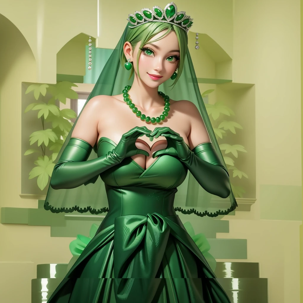 Emerald tiara, Green Pearl Necklace, ボーイッシュな非常に短いGreen Hair, Green Lips, Smiling Japanese woman, Very short hair, Busty beautiful lady, Green Eyes, Green satin long gloves, Green Eyes, Emerald Earrings, Green veil, Heart with both hands, Green Hair, Beautiful Japanese Woman, Heart shaped hands:1.3, green lip gloss