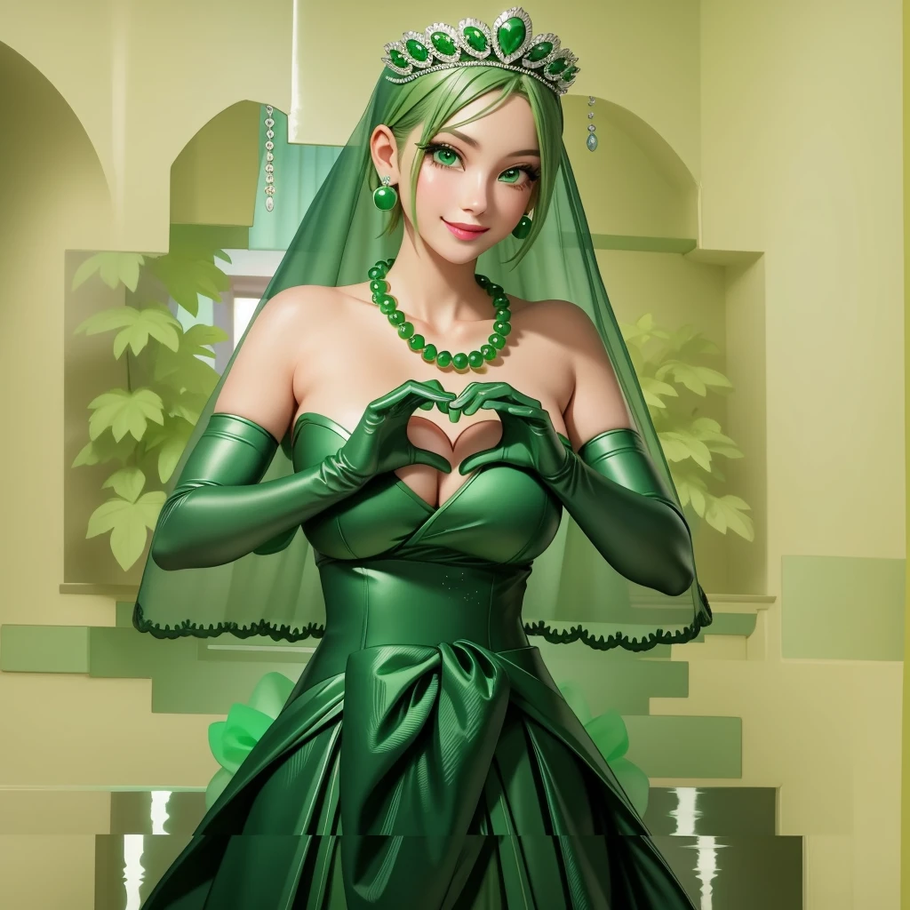 Emerald tiara, Green Pearl Necklace, ボーイッシュな非常に短いGreen Hair, Green Lips, Smiling Japanese woman, Very short hair, Busty beautiful lady, Green Eyes, Green satin long gloves, Green Eyes, Emerald Earrings, Green veil, Heart with both hands, Green Hair, Beautiful Japanese Woman, Heart shaped hands:1.3, green lip gloss