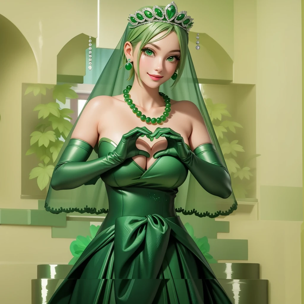 Emerald tiara, Green Pearl Necklace, ボーイッシュな非常に短いGreen Hair, Green Lips, Smiling Japanese woman, Very short hair, Busty beautiful lady, Green Eyes, Green satin long gloves, Green Eyes, Emerald Earrings, Green veil, Heart with both hands, Green Hair, Beautiful Japanese Woman, Heart shaped hands:1.3, green lip gloss