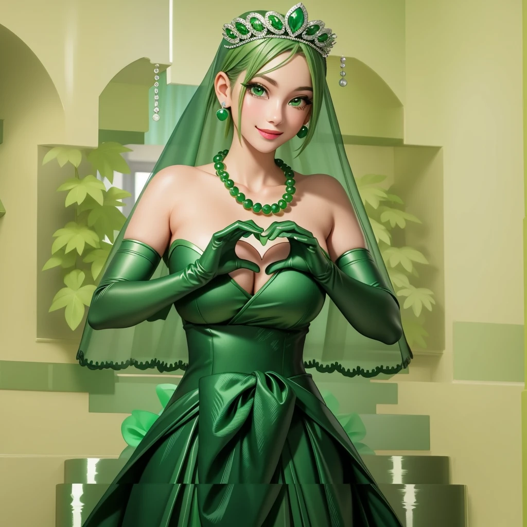Emerald tiara, Green Pearl Necklace, ボーイッシュな非常に短いGreen Hair, Green Lips, Smiling Japanese woman, Very short hair, Busty beautiful lady, Green Eyes, Green satin long gloves, Green Eyes, Emerald Earrings, Green veil, Heart with both hands, Green Hair, Beautiful Japanese Woman, Heart shaped hands:1.3, green lip gloss