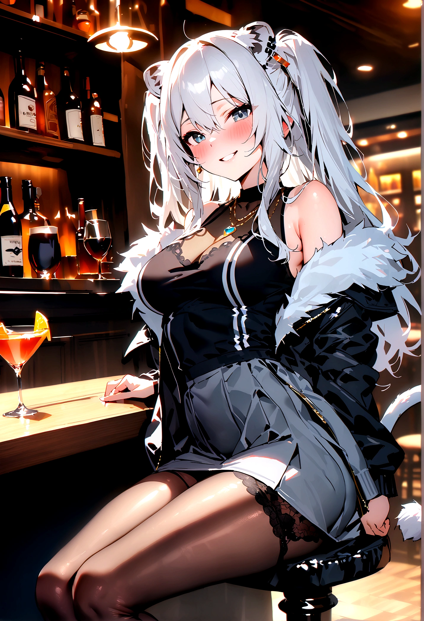 NSFW,masterpiece,Highest quality,High resolution,Super detailed,Shishirabotan\(Hololive\),Long Hair、Two Side Up、Earrings、Lion's Tail,necklace、Black Shirt、Sleeveless shirt、abdomen、See-through、Grey Skirt、片足pantyhose、pantyhose、fur-trimmed jacket、Black jacket、Off the shoulder,black lace panties,(Bewitching Smile),blush,Luxurious Room,pub,counter,chair,Cocktail Glass,(Drunk),(Intoxication),Sitting in a chair,heart,Sexy pose,Panty shot,From the side