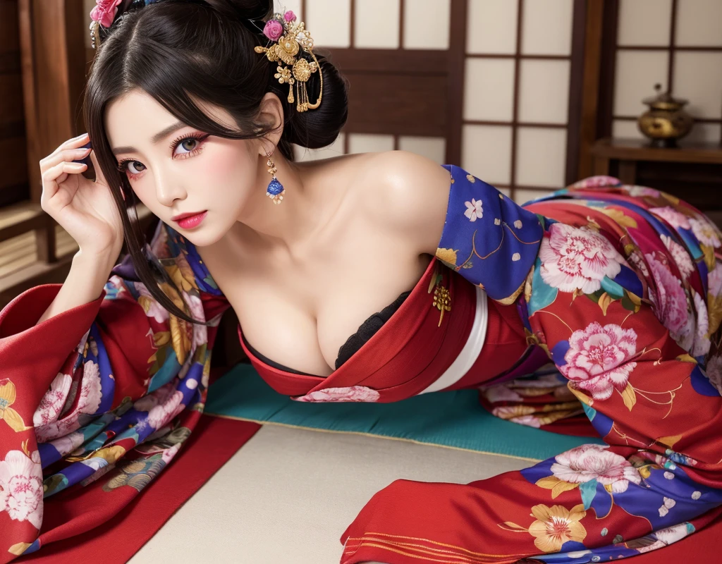 ((Highest quality、Tabletop、8K、Best image quality、Hyperrealism、SFW、1 photo))、1 female、(The most gorgeous and luxurious oiran furisode:1.2)、Cleavage、Old house room、Old house in Japan、Look at me、(Stir:1.3)、Photo from the waist up、Perfect Anatomy、Hair Bun、Bright lighting、Black Hair、lipstick、Perfect Makeup、Long eyelashes、Color Contact Lenses