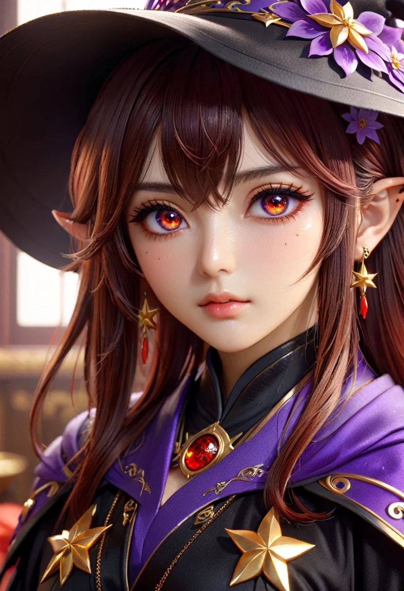 face, closeup, closeup shot, shiny hair, shiny clothes, shiny, extremely detailed eyes, extreme details, realistic, cinematic, detailed, masterpiece, 4k, 8k, , PunkAI,, FantasyAI_Burple,, indoors, hu tao (genshin impact), genshin impact, hat, symbol-shaped pupils, red eyes, brown hair, star-shaped pupils, flower-shaped pupils, bangs, black nails, black headwear 