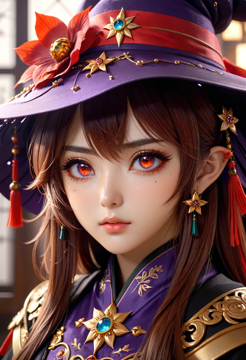 face, closeup, closeup shot, shiny hair, shiny clothes, shiny, extremely detailed eyes, extreme details, realistic, cinematic, detailed, masterpiece, 4k, 8k, , PunkAI,, FantasyAI_Burple,, indoors, hu tao (genshin impact), genshin impact, hat, symbol-shaped pupils, red eyes, brown hair, star-shaped pupils, flower-shaped pupils, bangs, black nails, black headwear 