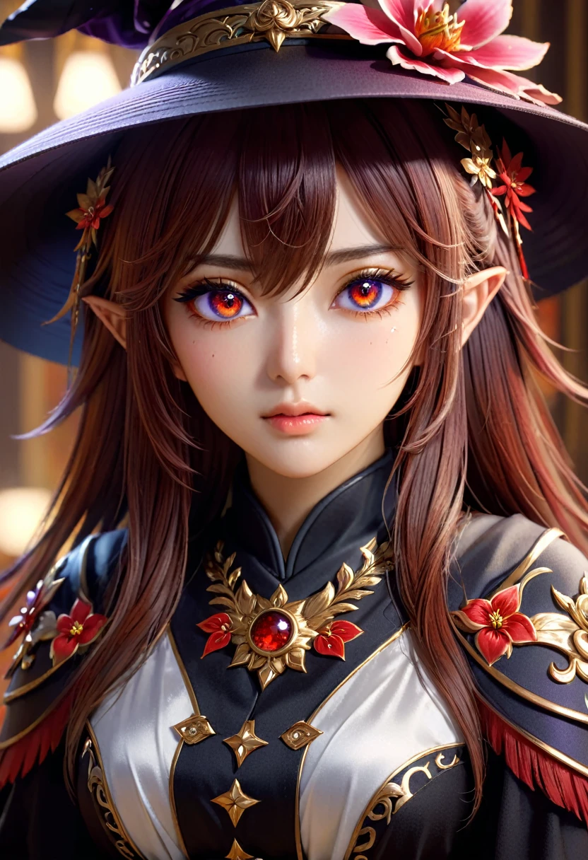 face, closeup, closeup shot, shiny hair, shiny clothes, shiny, extremely detailed eyes, extreme details, realistic, cinematic, detailed, masterpiece, 4k, 8k, , PunkAI,, FantasyAI_Burple,, indoors, hu tao (genshin impact), genshin impact, hat, symbol-shaped pupils, red eyes, brown hair, star-shaped pupils, flower-shaped pupils, bangs, black nails, black headwear 