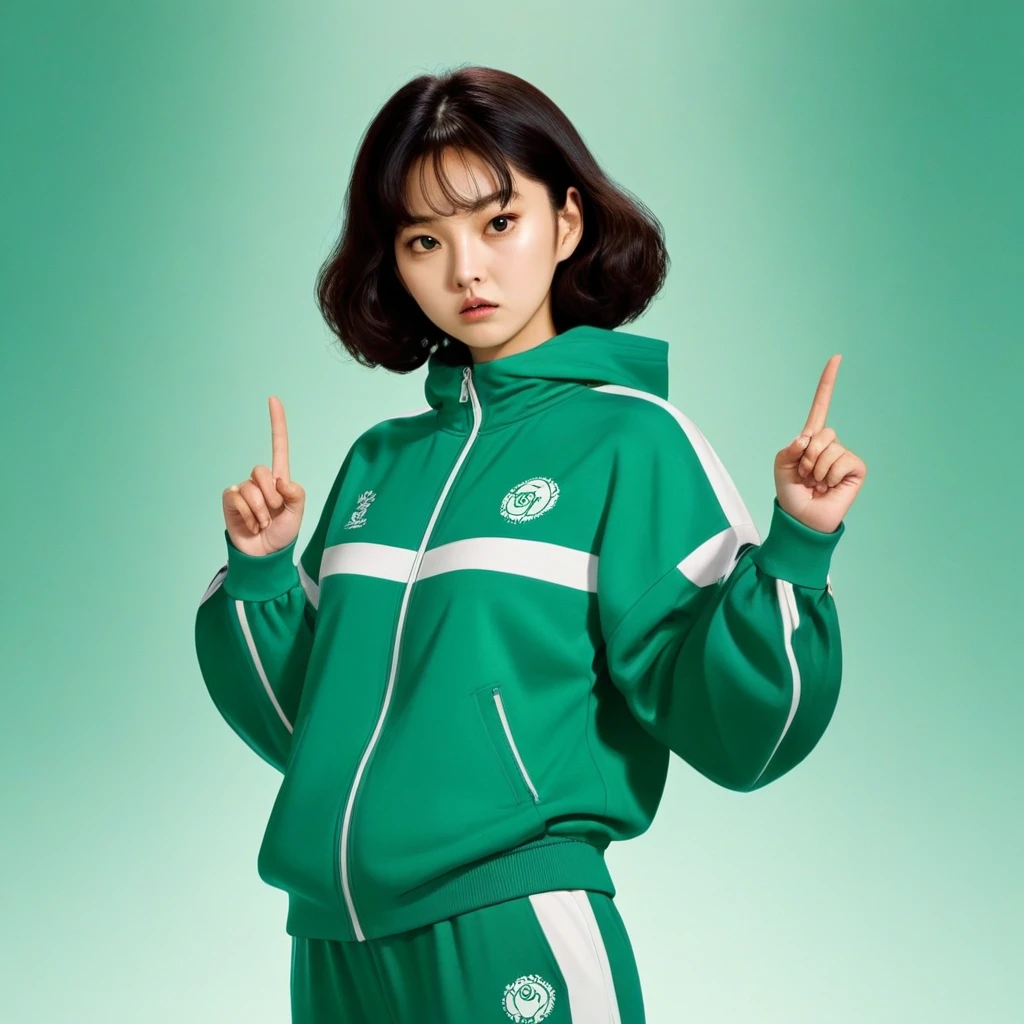 Kang Sae-byeok, Squid Game, Jung Ho-yeo, wearing a green squidgame tracksuit, simple background, evil expression, shes an amoral thief, finger guns
