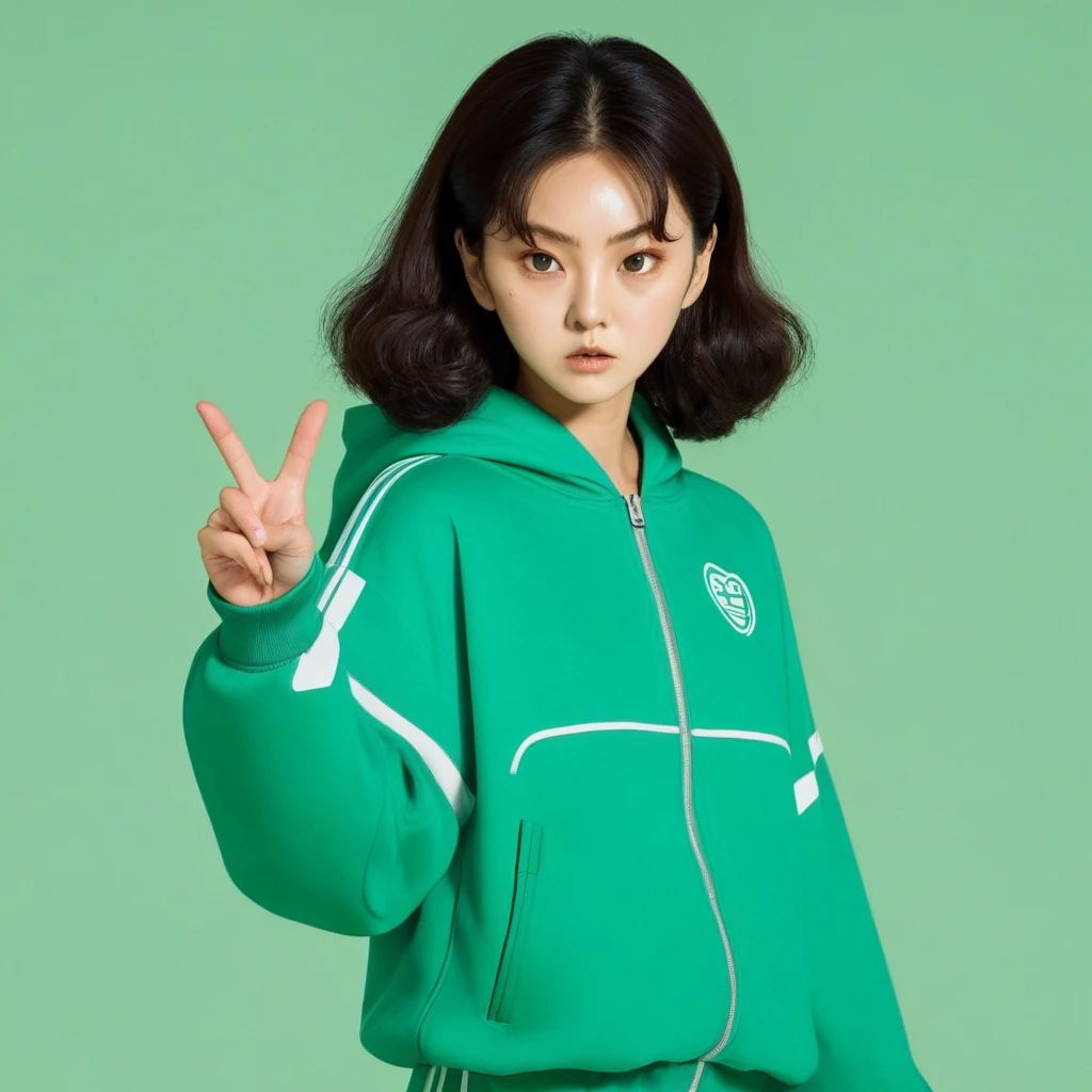 Kang Sae-byeok, Squid Game, Jung Ho-yeo, wearing a green squidgame tracksuit, simple background, evil expression, shes an amoral thief, finger guns
