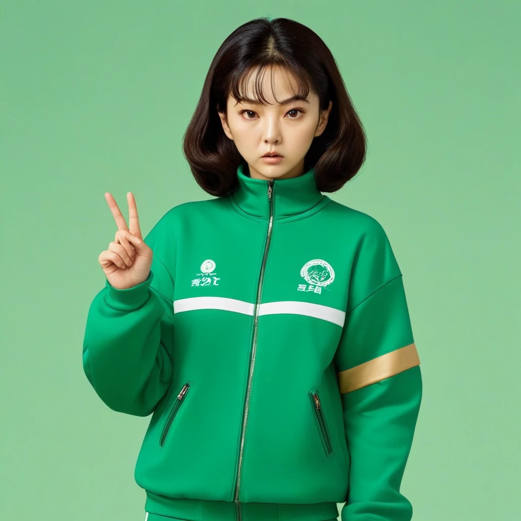 Kang Sae-byeok, Squid Game, Jung Ho-yeo, wearing a green squidgame tracksuit, simple background, evil expression, shes an amoral thief, finger guns
