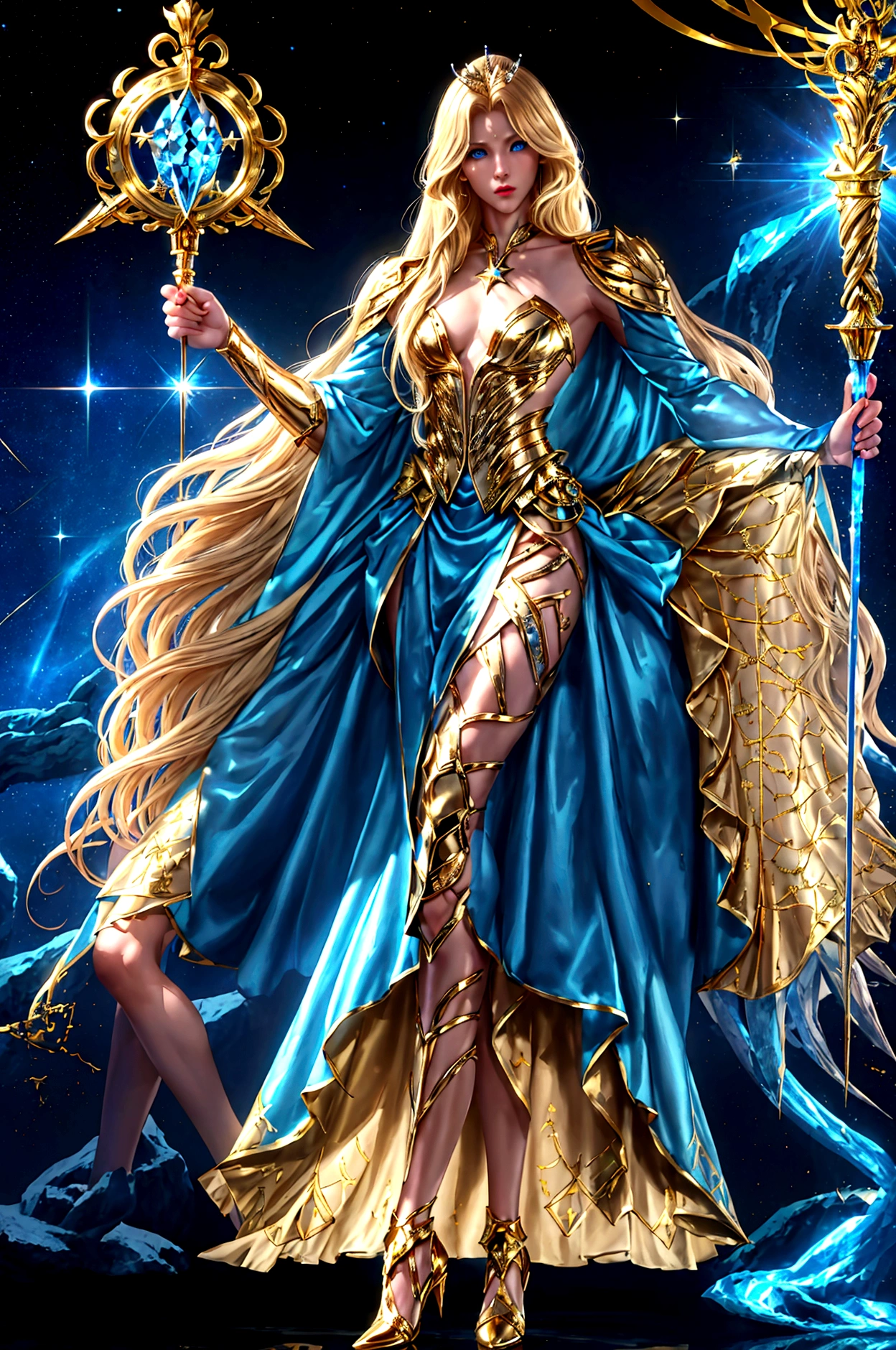 (masculine, man) (just one model) (android) (blonde hair that reaches to her heels) (bright blue eyes) (Slim and toned body) (Wears a god-inspired outfit with gold details, and a scepter in his hand) (scepter in hand of golden color) (laboratory background) (holding a bird in his hands) (very long hair that reaches to her heels) (man android con estrellas alrededor) (Shining stars)