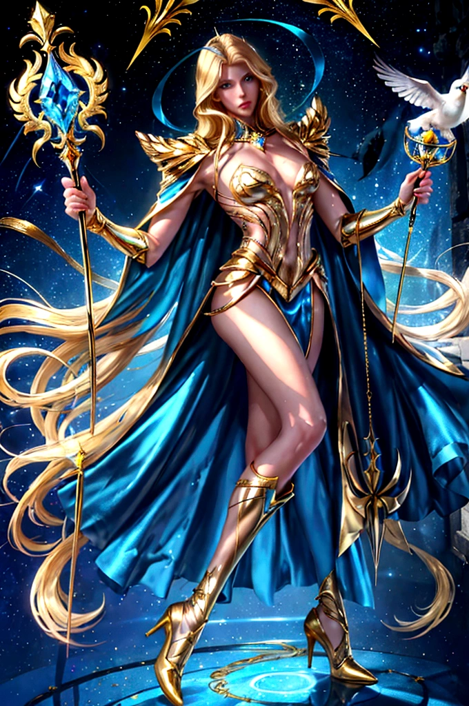 (masculine, man) (just one model) (android) (blonde hair that reaches to her heels) (bright blue eyes) (Slim and toned body) (Wears a god-inspired outfit with gold details, and a scepter in his hand) (scepter in hand of golden color) (laboratory background) (holding a bird in his hands) (very long hair that reaches to her heels) (man android con estrellas alrededor) (Shining stars)