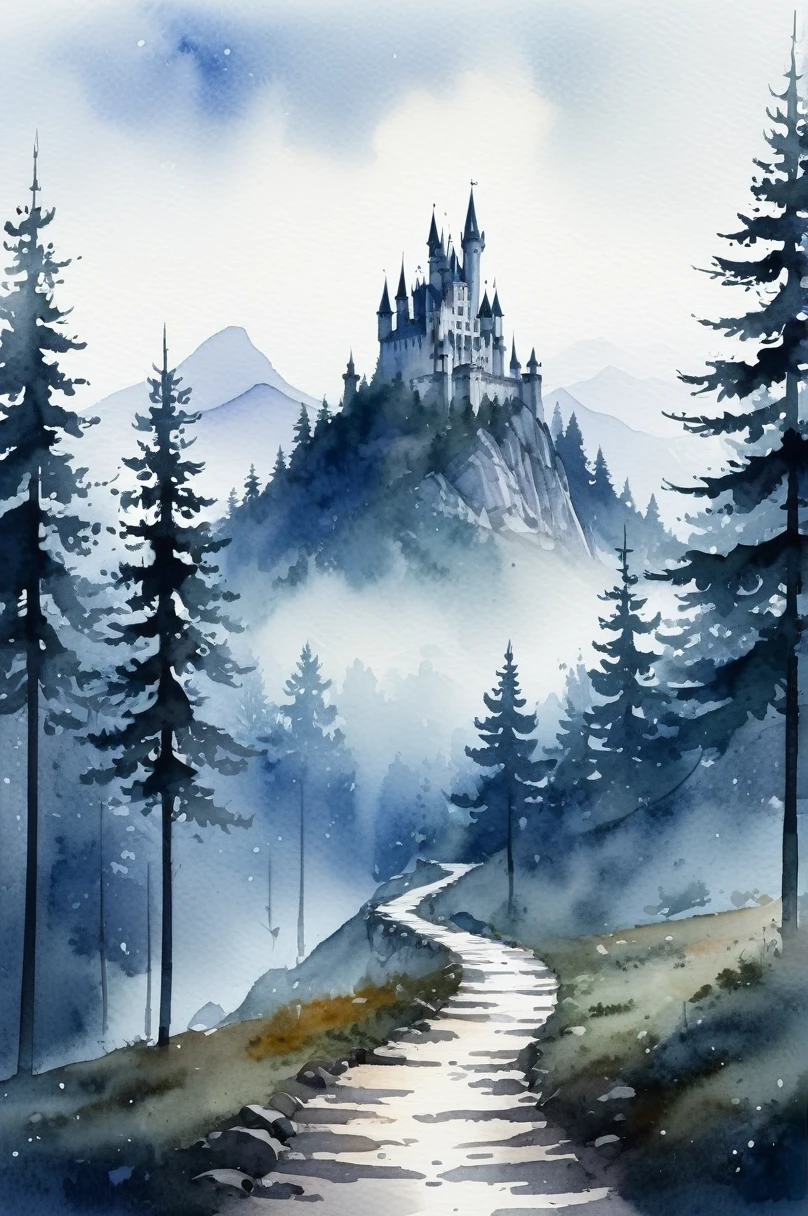 picture of small path in the misty dark tall tree forest leading to distant holy and magical forest, (watercolor), wet on wet, minimalist, loose watercolor, with mystical mountain landscape on the background, ultra high resolution, 8k , there is a gothic horror style castle on the background on top of the mountain, isolated, surrounded with with solid white background, #Slider, (lora:add-detail-xl:2)