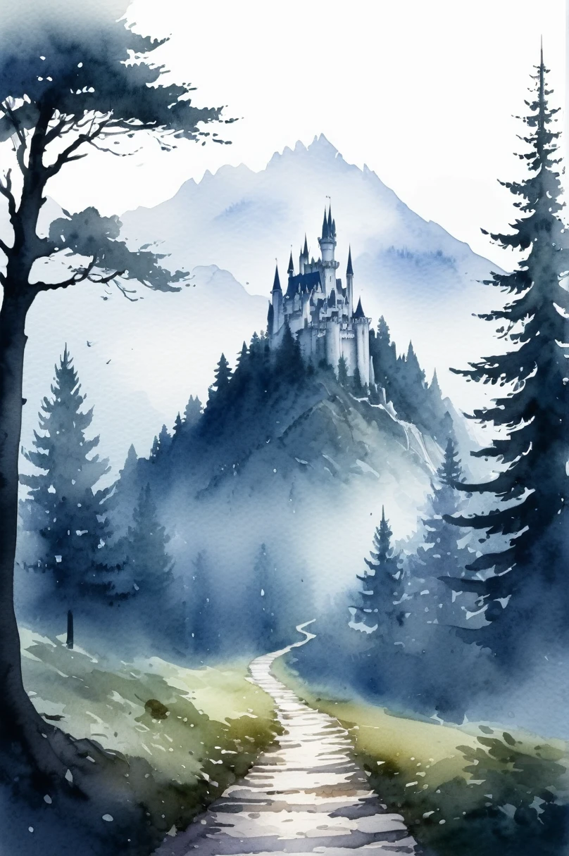 picture of small path in the misty dark tall tree forest leading to distant holy and magical forest, (watercolor), wet on wet, minimalist, loose watercolor, with mystical mountain landscape on the background, ultra high resolution, 8k , there is a gothic horror style castle on the background on top of the mountain, isolated, surrounded with with solid white background, #Slider, (lora:add-detail-xl:2)