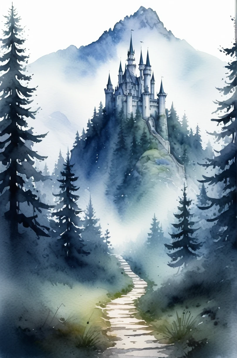 picture of small path in the misty dark tall tree forest leading to distant holy and magical forest, (watercolor), wet on wet, minimalist, loose watercolor, with mystical mountain landscape on the background, ultra high resolution, 8k , there is a gothic horror style castle on the background on top of the mountain, isolated, surrounded with with solid white background, #Slider, (lora:add-detail-xl:2)